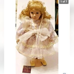 DESIGNS by Yoko " Amber " Porcelain  girl doll multi color white dress 1991 new